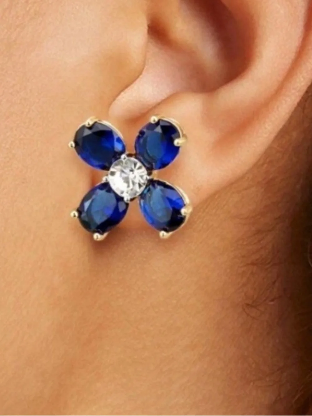 Tory Burch Clover Blue Gold Flower Stud Earrings
